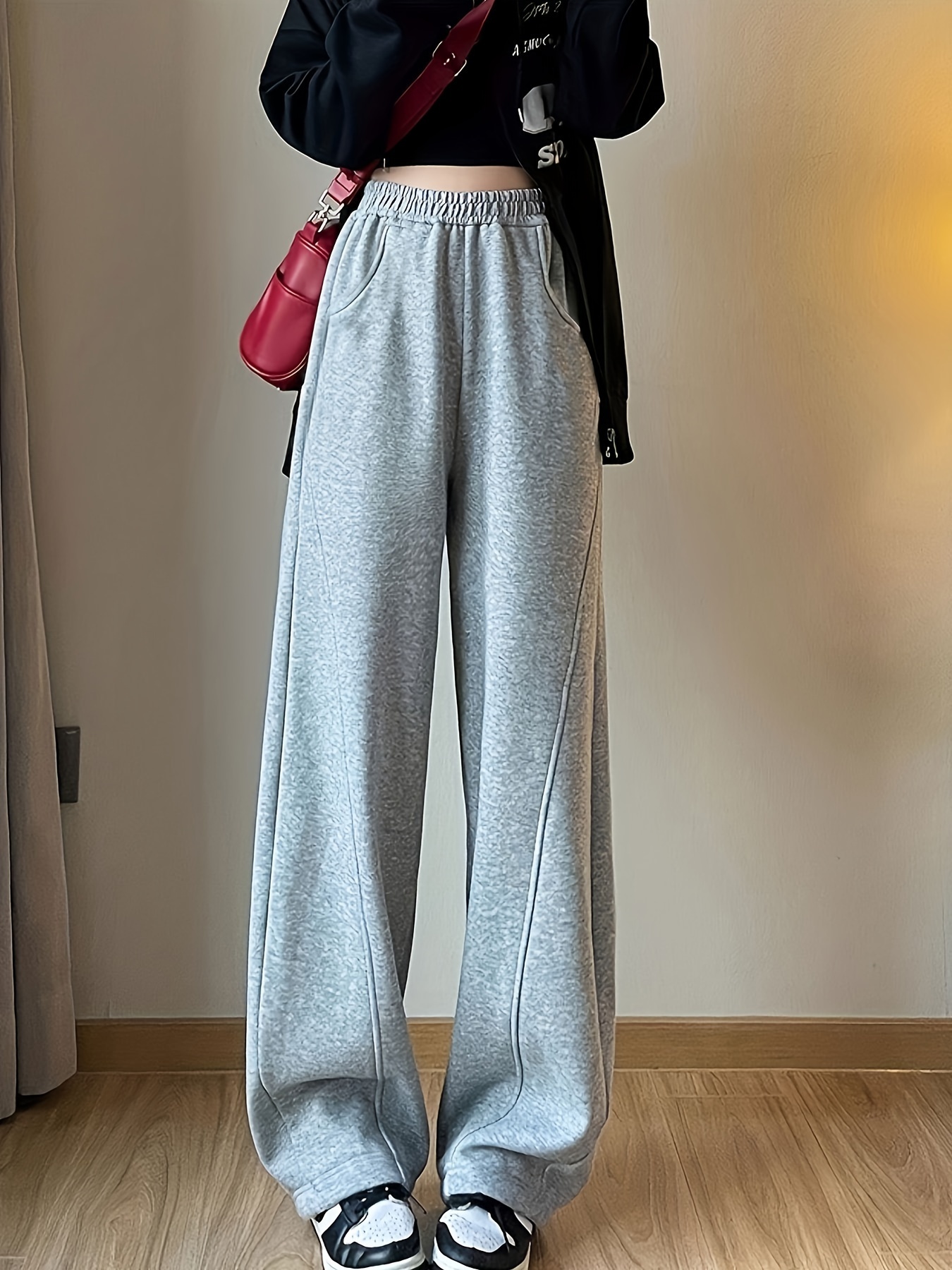 solid elastic high waist sweatpants, solid elastic high waist sweatpants casual sporty wide leg pants with pocket womens clothing details 13