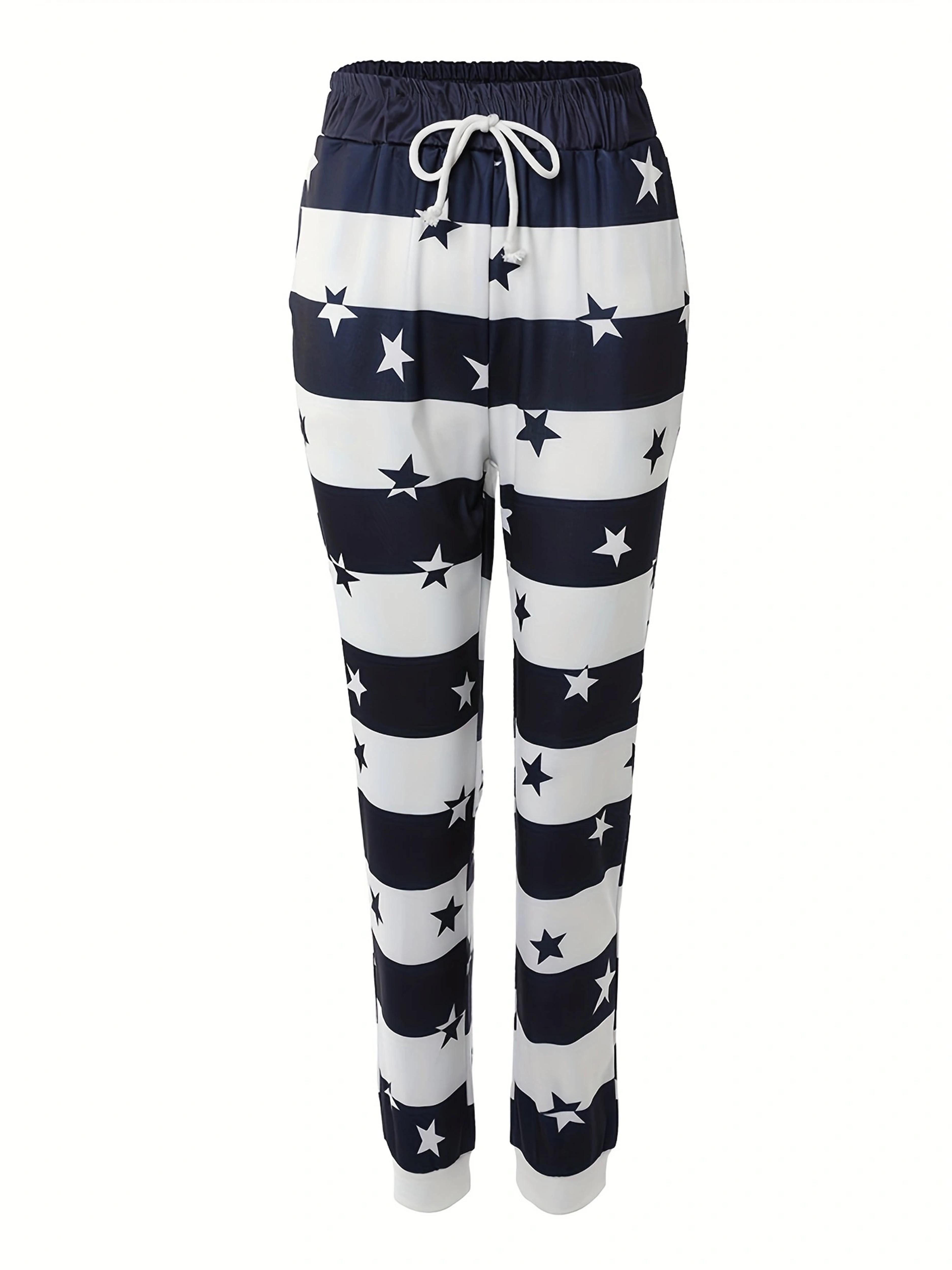 striped star print drawstring pants casual pants for spring summer womens clothing details 0