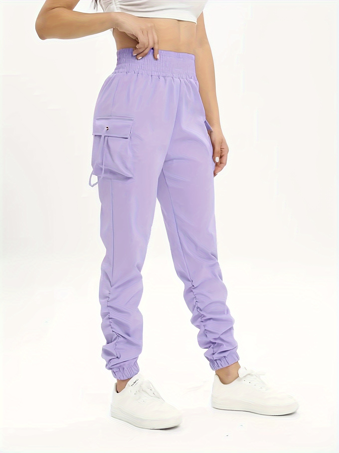 ruched solid cargo pants elegant high waist drawstring pants with pockets womens clothing details 0