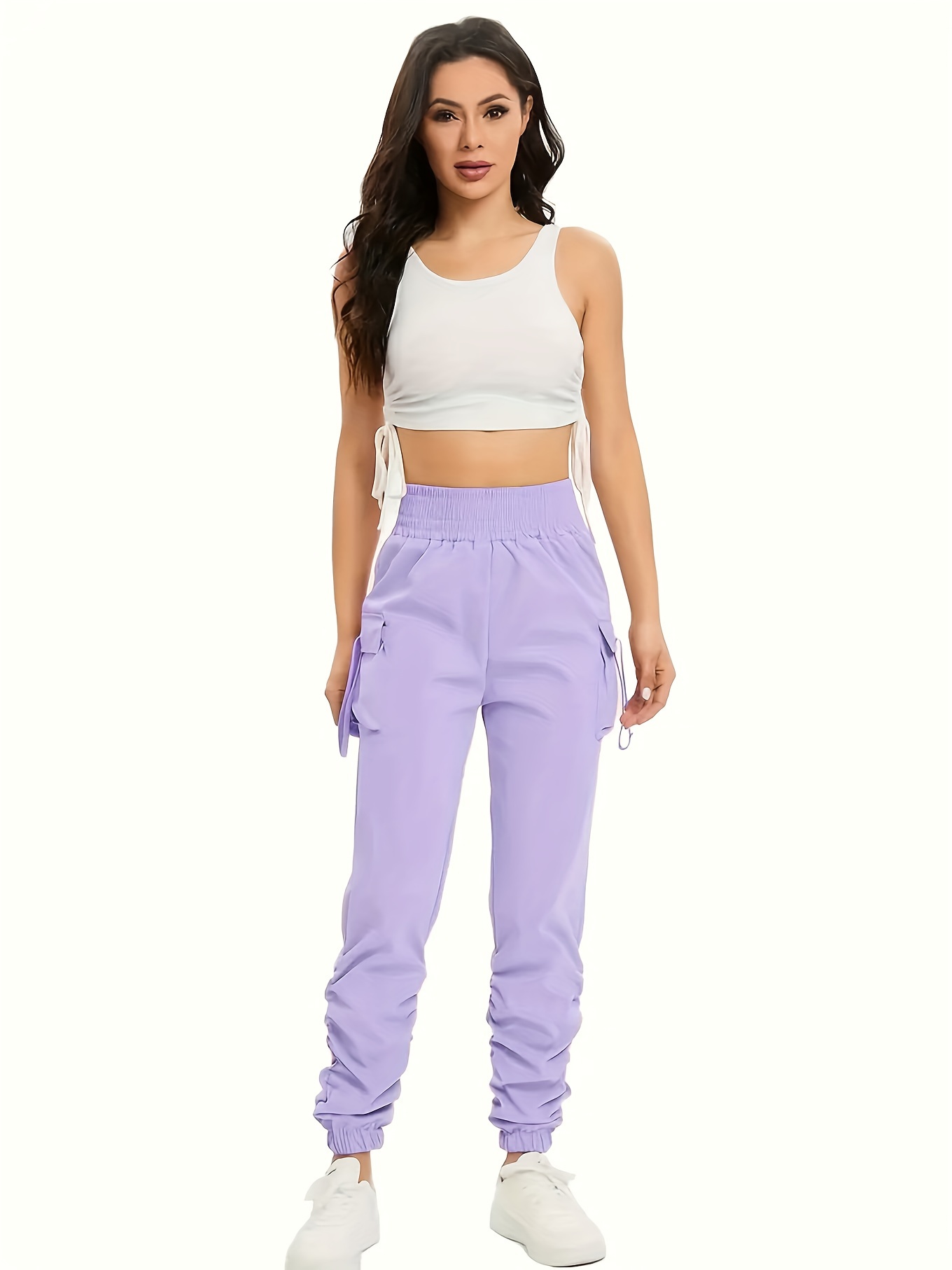ruched solid cargo pants elegant high waist drawstring pants with pockets womens clothing details 2