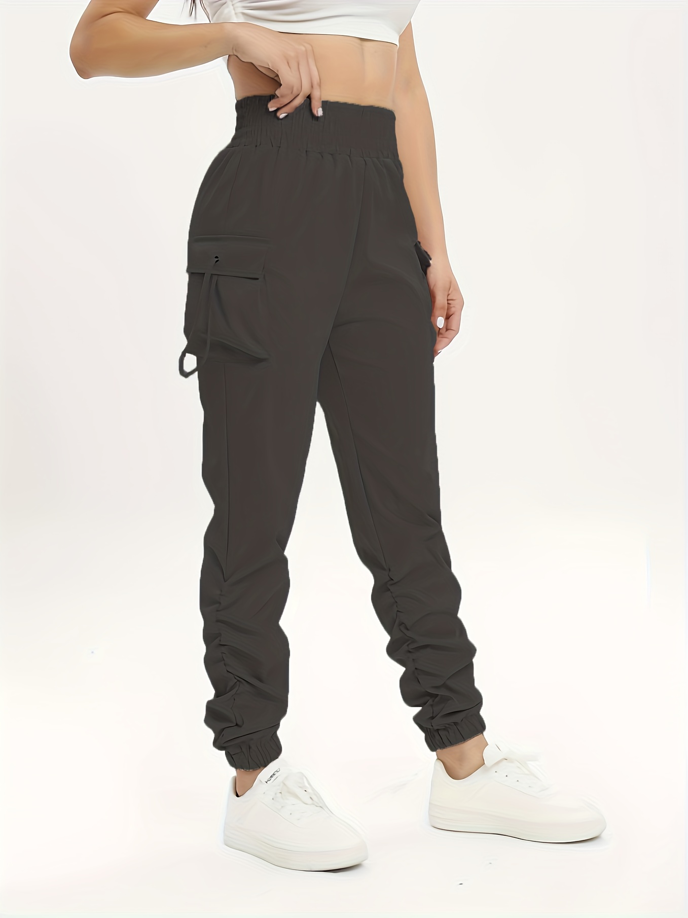 ruched solid cargo pants elegant high waist drawstring pants with pockets womens clothing details 5