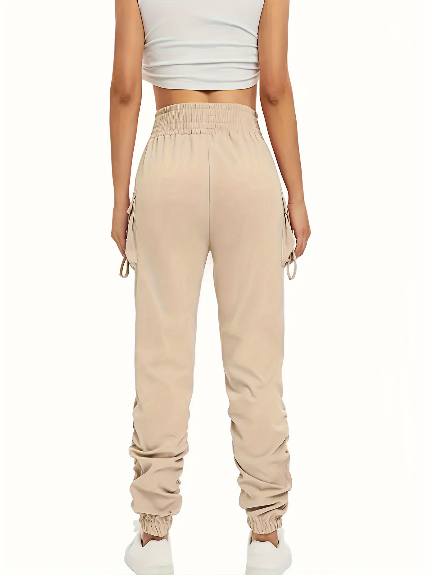 ruched solid cargo pants elegant high waist drawstring pants with pockets womens clothing details 10