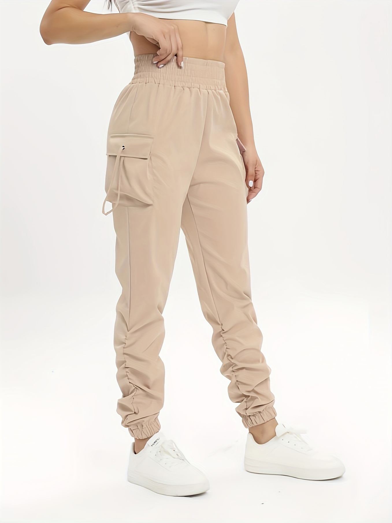 ruched solid cargo pants elegant high waist drawstring pants with pockets womens clothing details 11