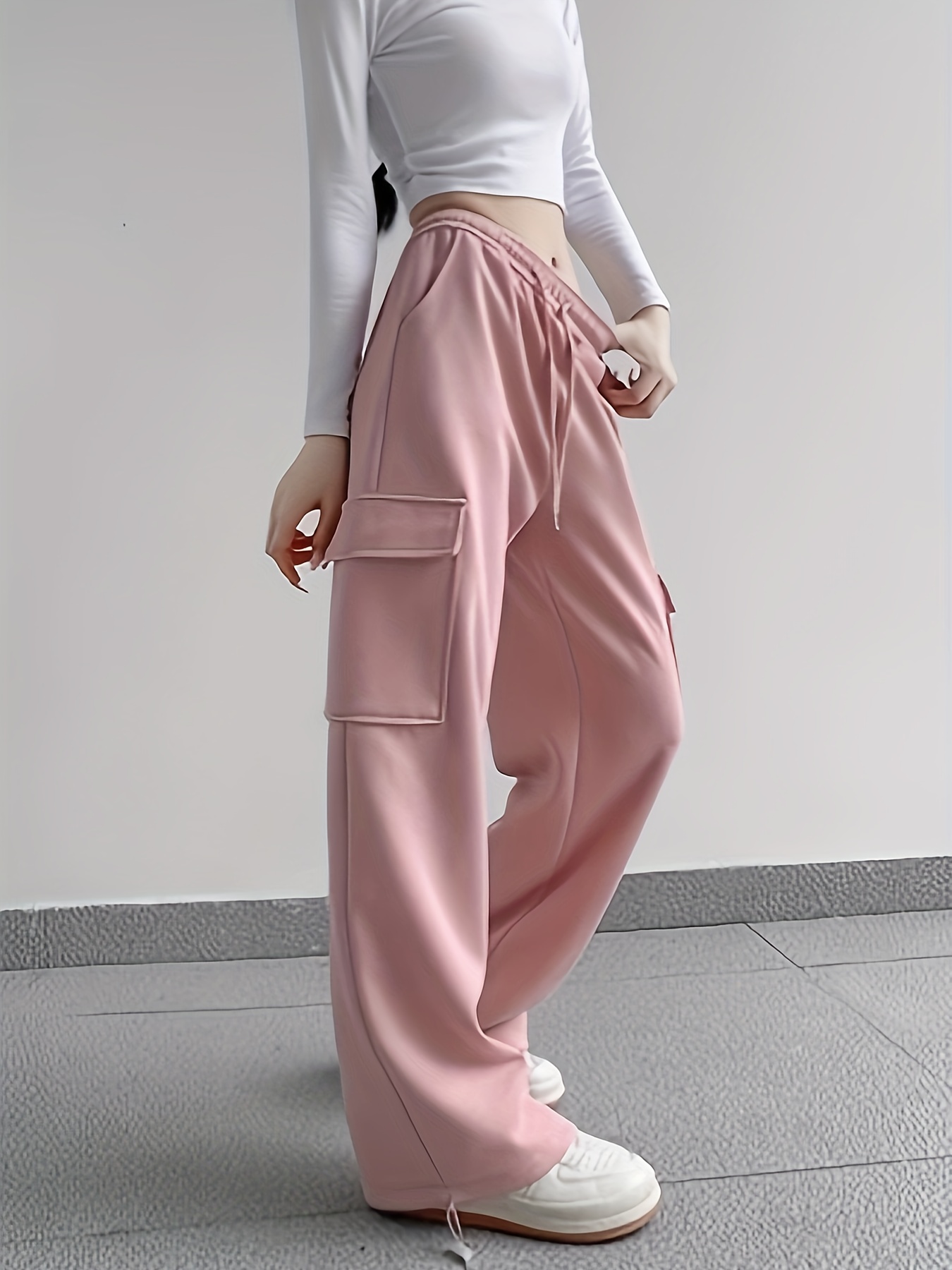 solid flap pocket loose cargo sweatpants casual drawstring pants for spring fall womens clothing details 0
