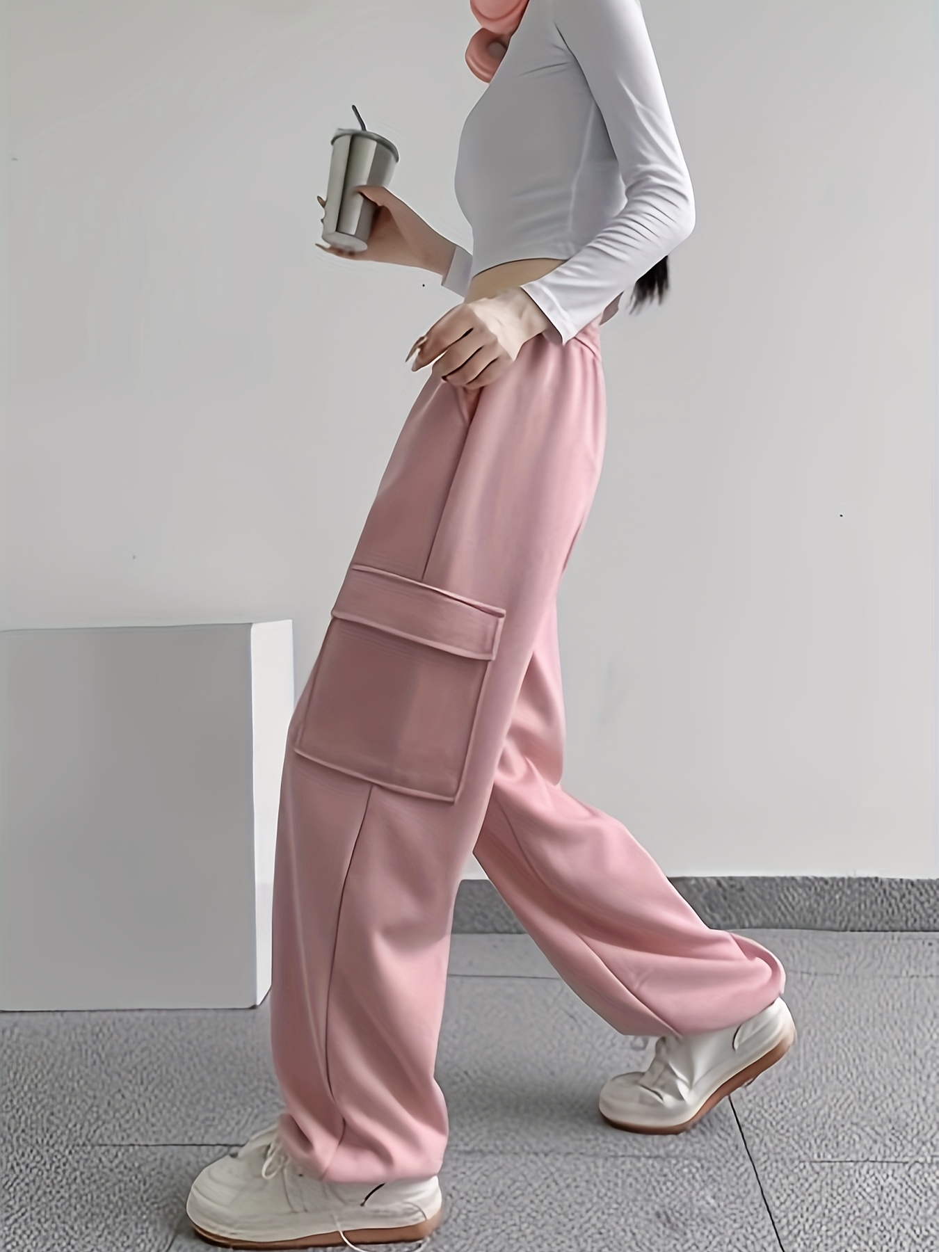 solid flap pocket loose cargo sweatpants casual drawstring pants for spring fall womens clothing details 3