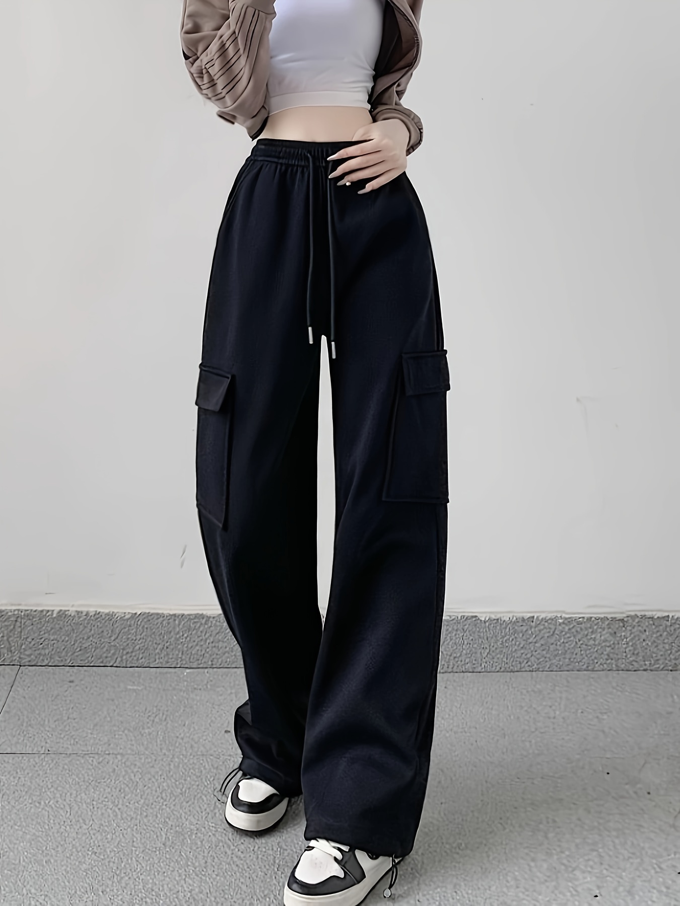 solid flap pocket loose cargo sweatpants casual drawstring pants for spring fall womens clothing details 5