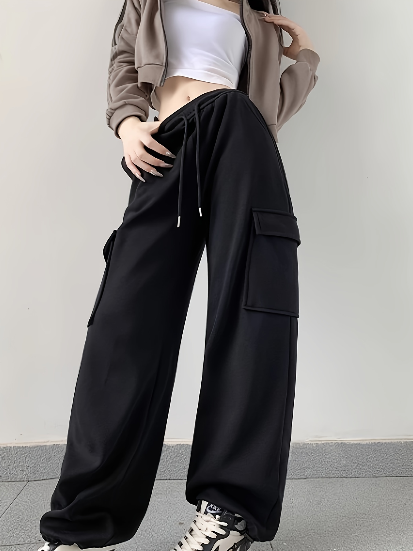 solid flap pocket loose cargo sweatpants casual drawstring pants for spring fall womens clothing details 9