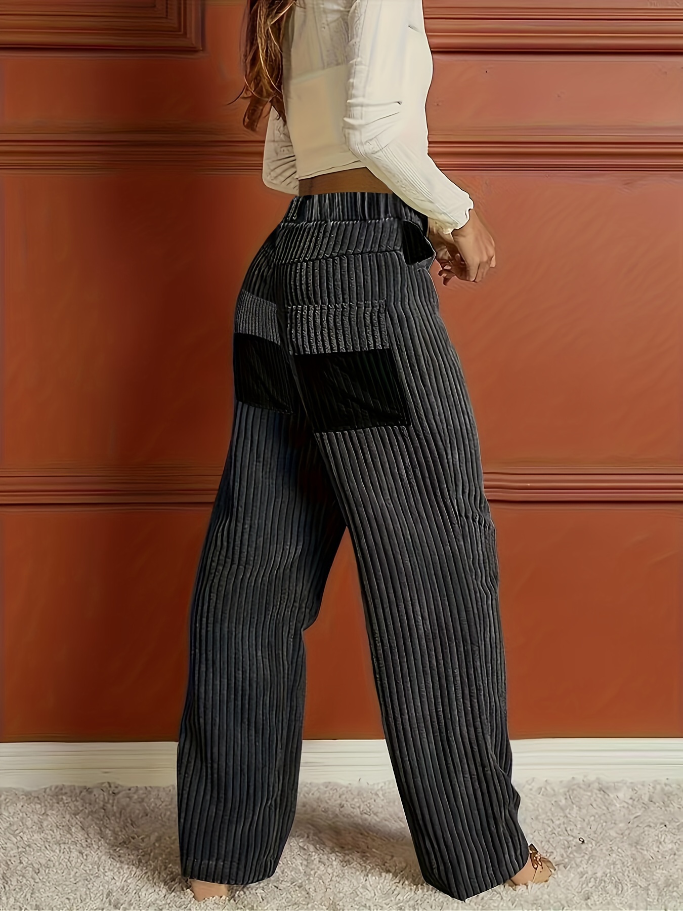 ribbed button front wide leg pants casual high waist pants womens clothing details 6