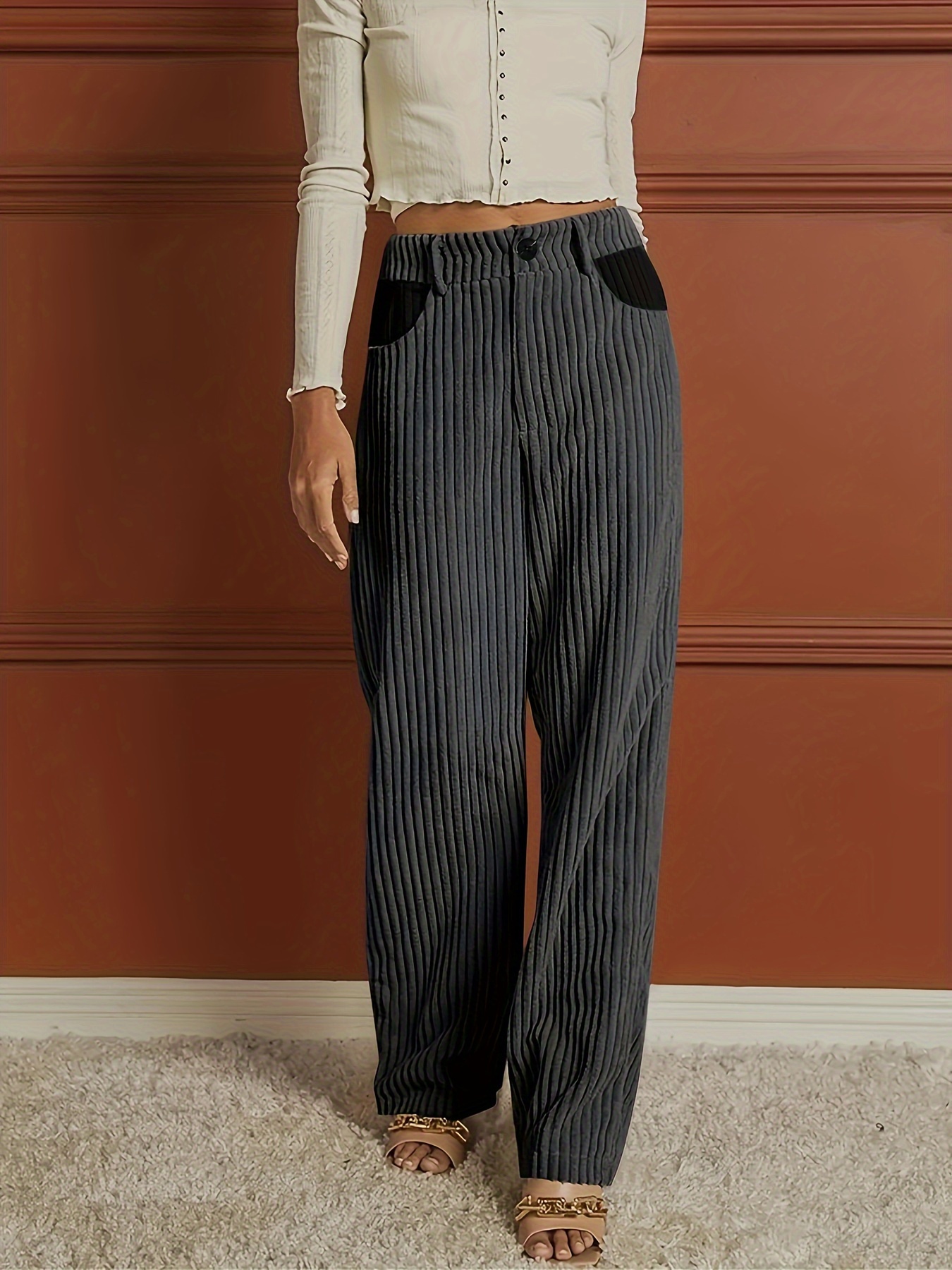 ribbed button front wide leg pants casual high waist pants womens clothing details 7