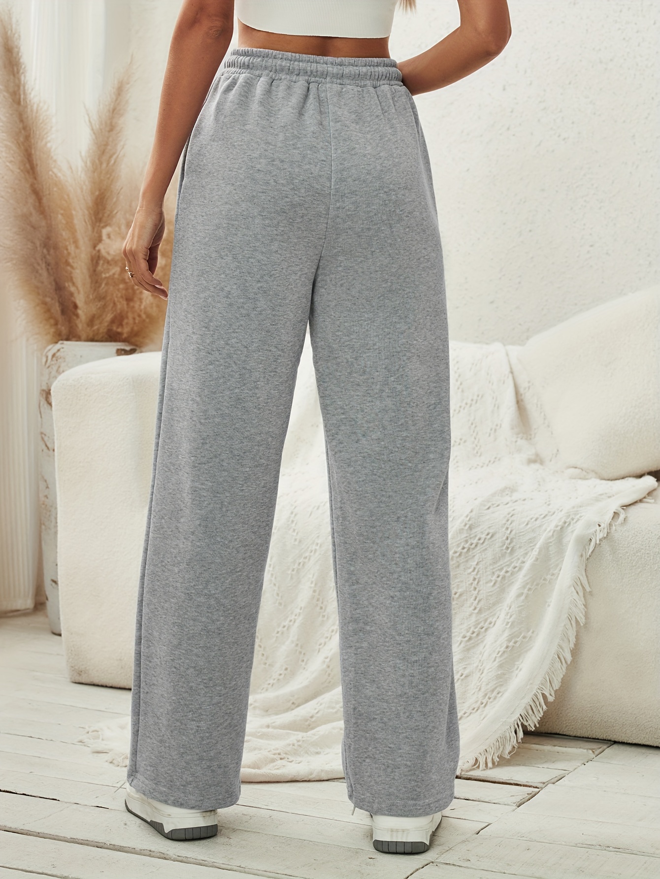 solid drawstring wide leg pants casual dual pockets pants womens clothing details 0