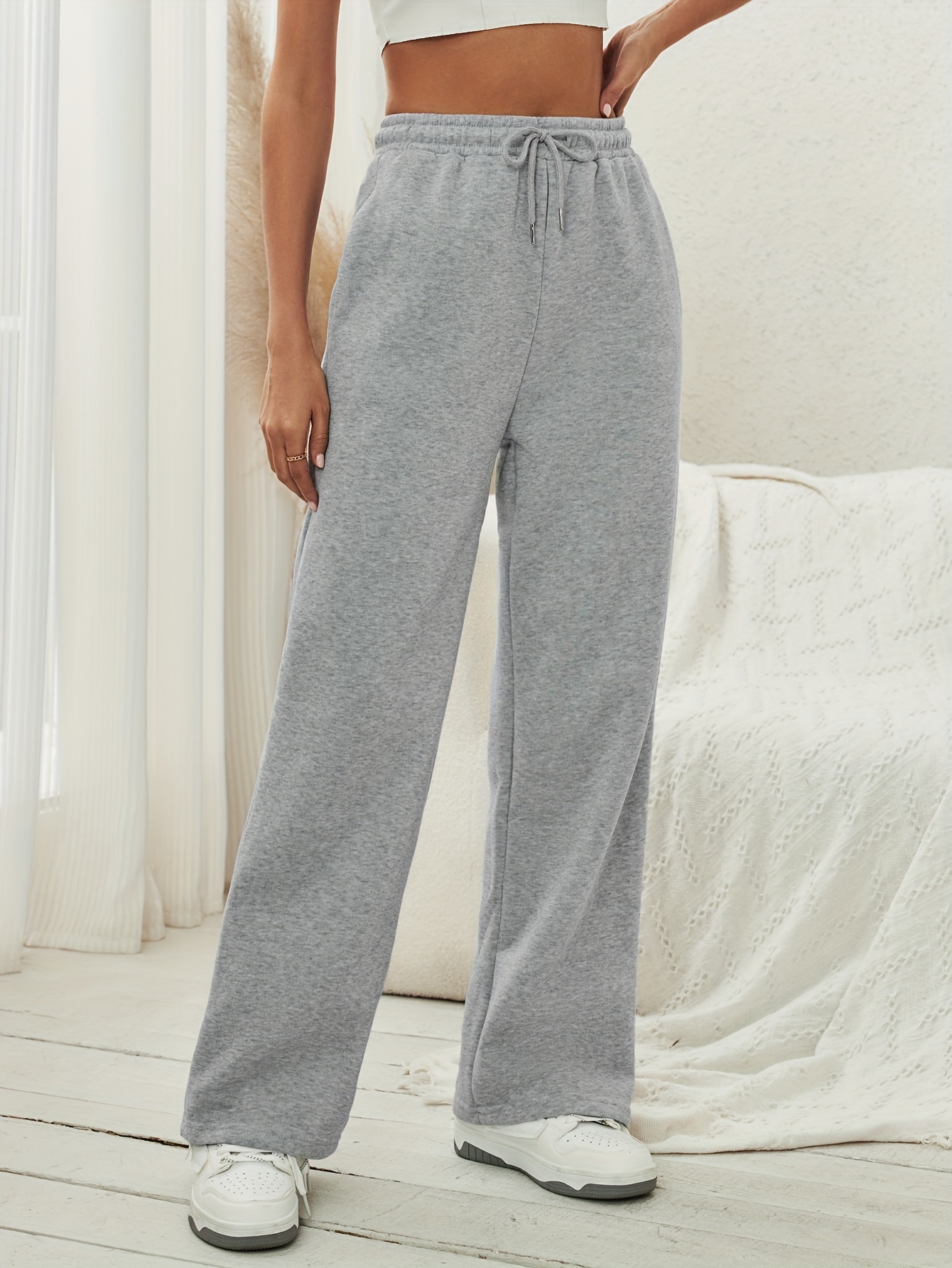 solid drawstring wide leg pants casual dual pockets pants womens clothing details 2