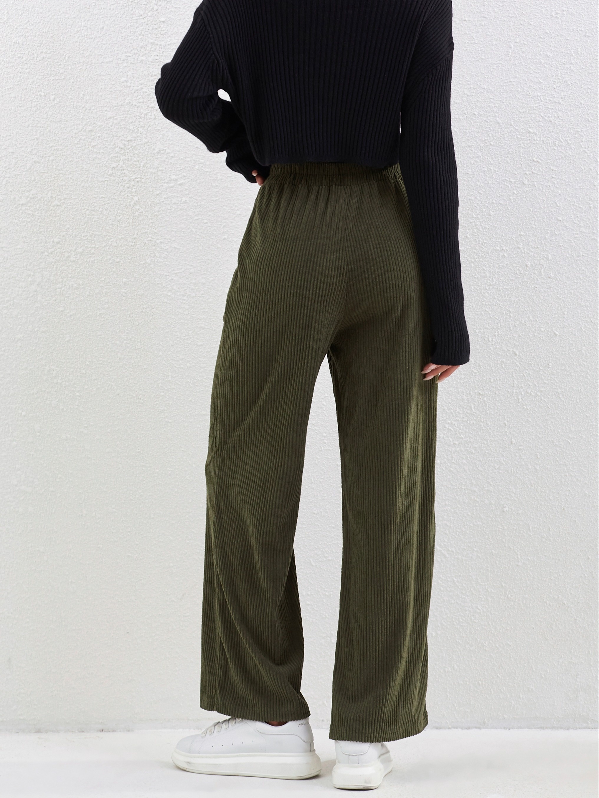 solid corduroy straight leg pants casual high waist loose pants with pocket womens clothing details 0