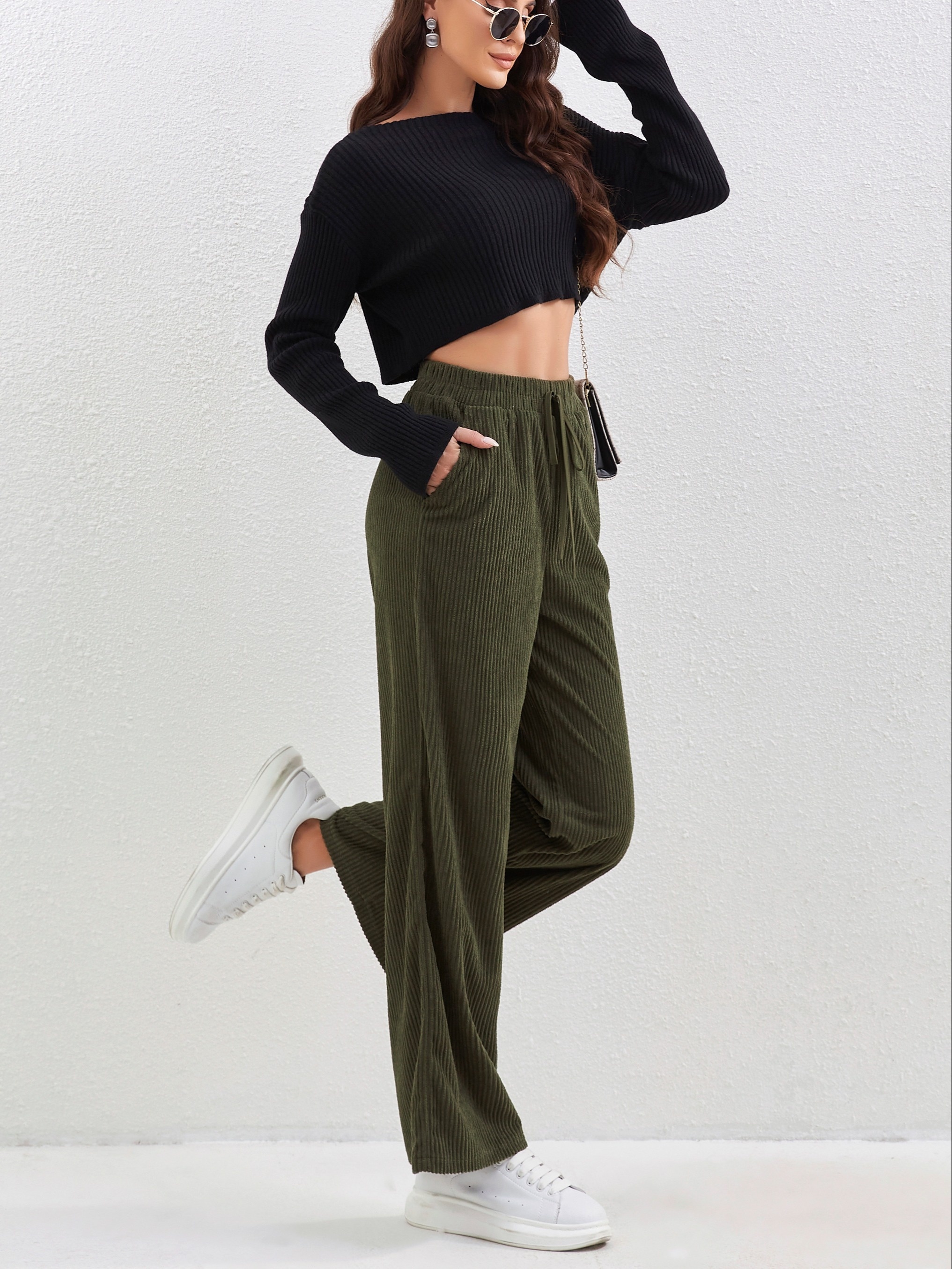 solid corduroy straight leg pants casual high waist loose pants with pocket womens clothing details 1