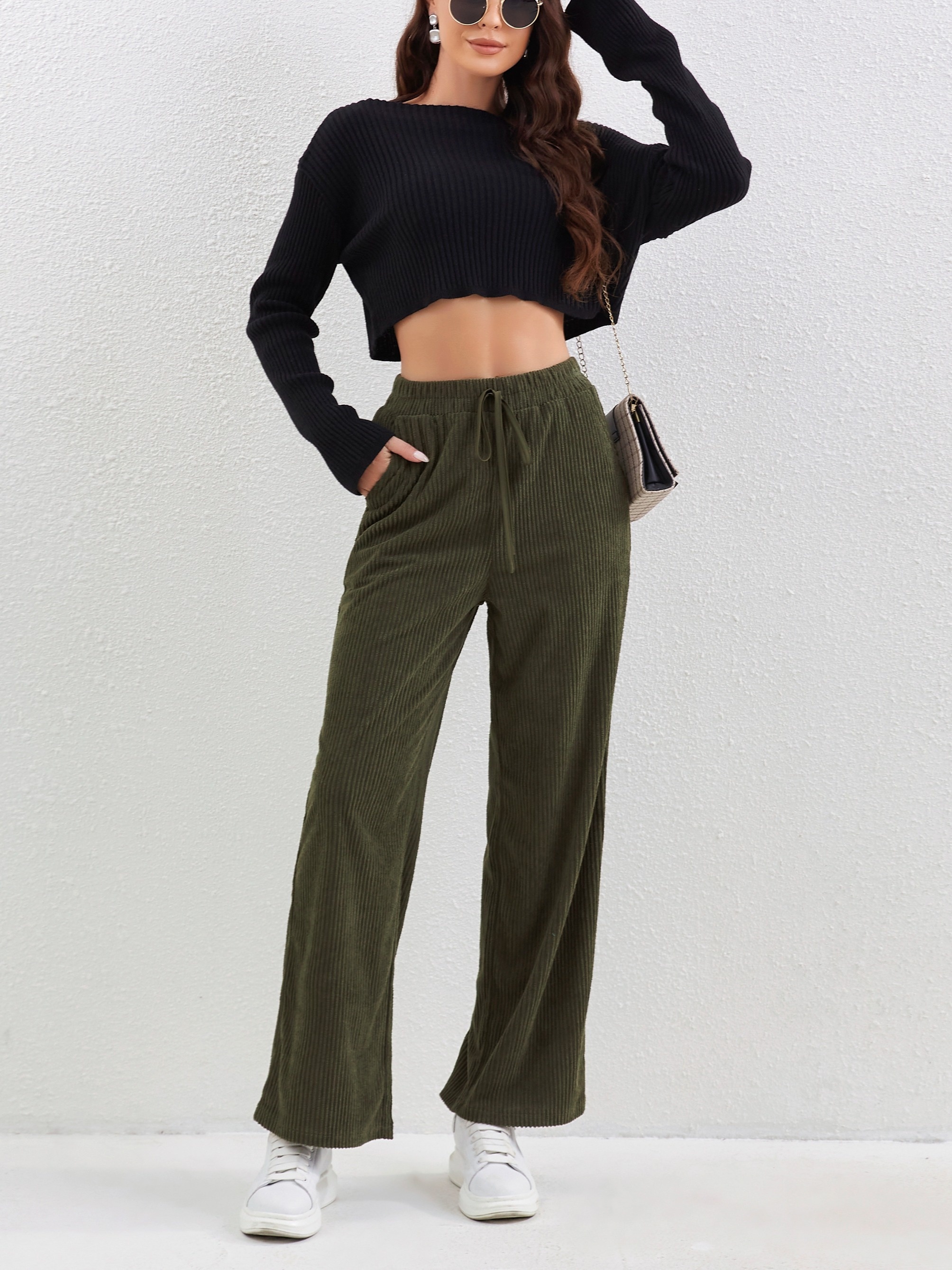 solid corduroy straight leg pants casual high waist loose pants with pocket womens clothing details 2