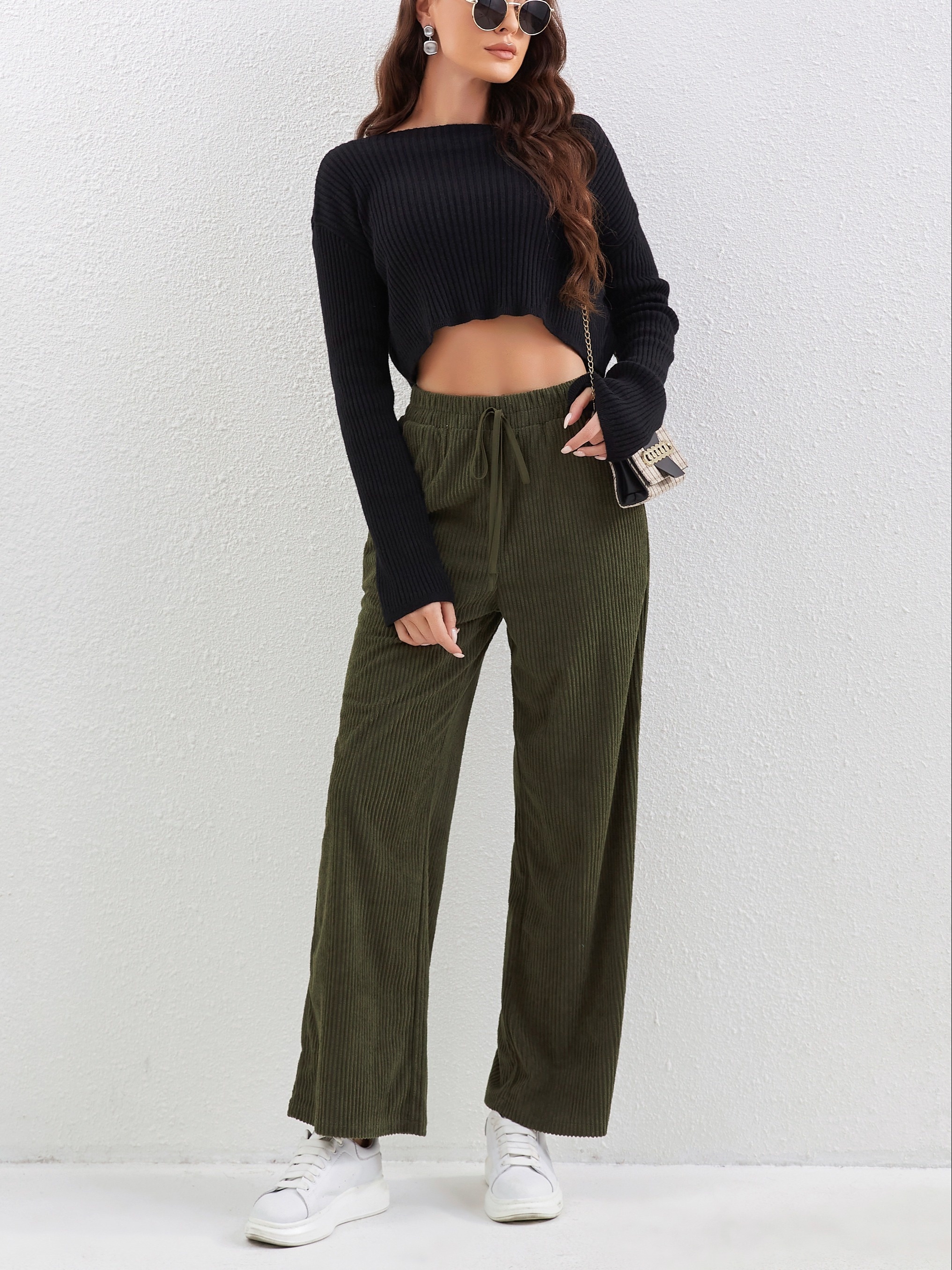 solid corduroy straight leg pants casual high waist loose pants with pocket womens clothing details 3