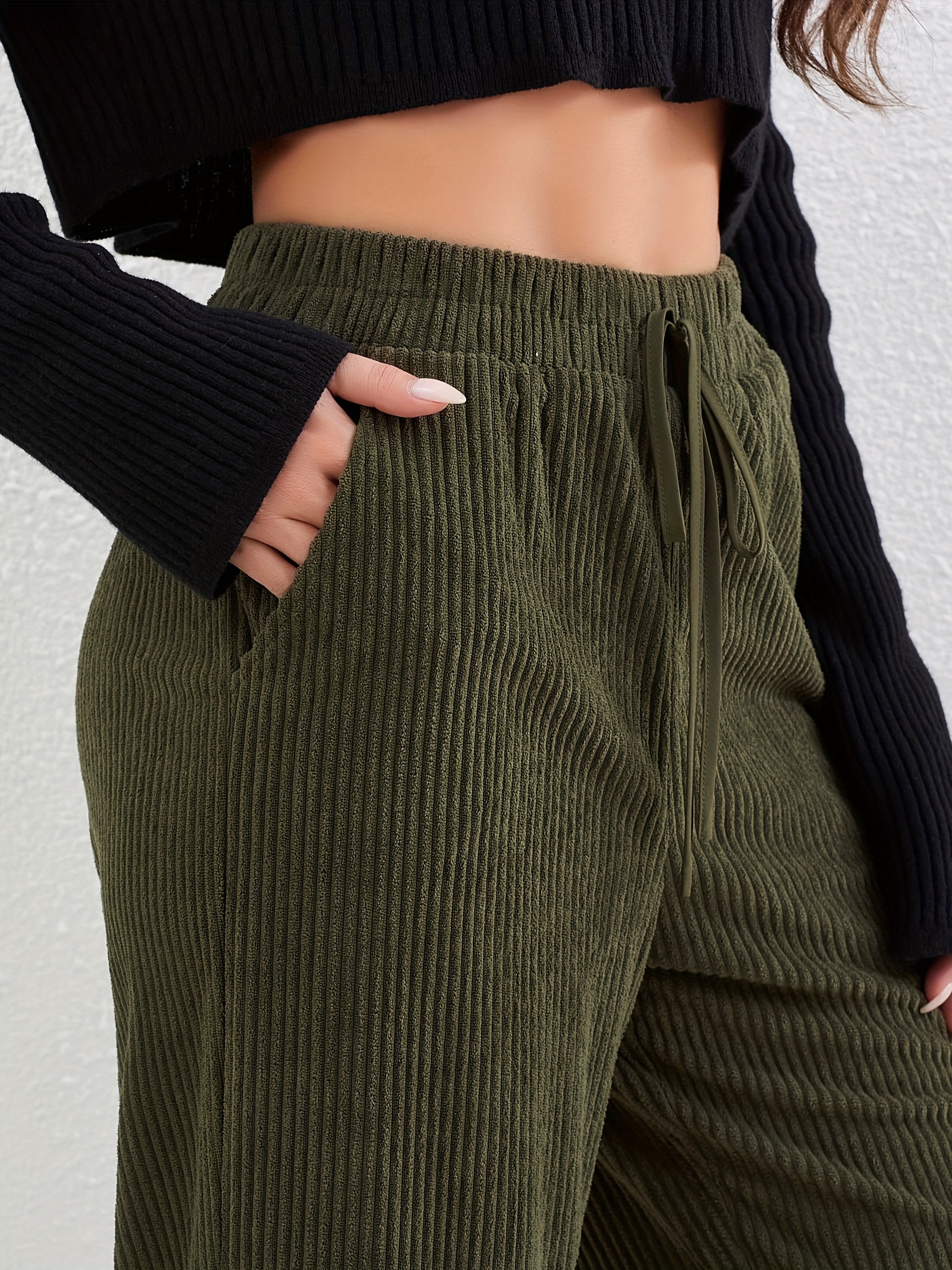 solid corduroy straight leg pants casual high waist loose pants with pocket womens clothing details 4