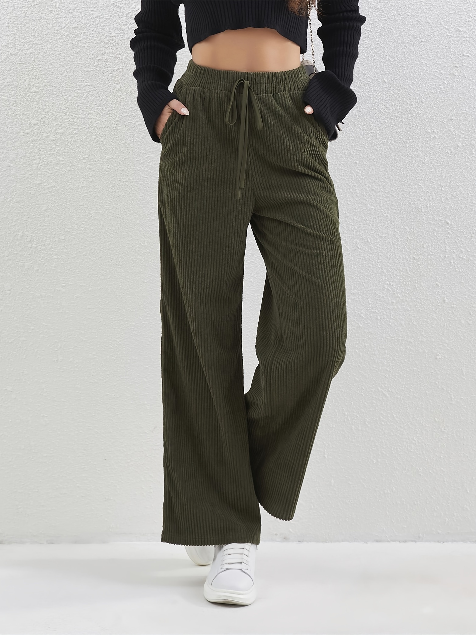 solid corduroy straight leg pants casual high waist loose pants with pocket womens clothing details 5