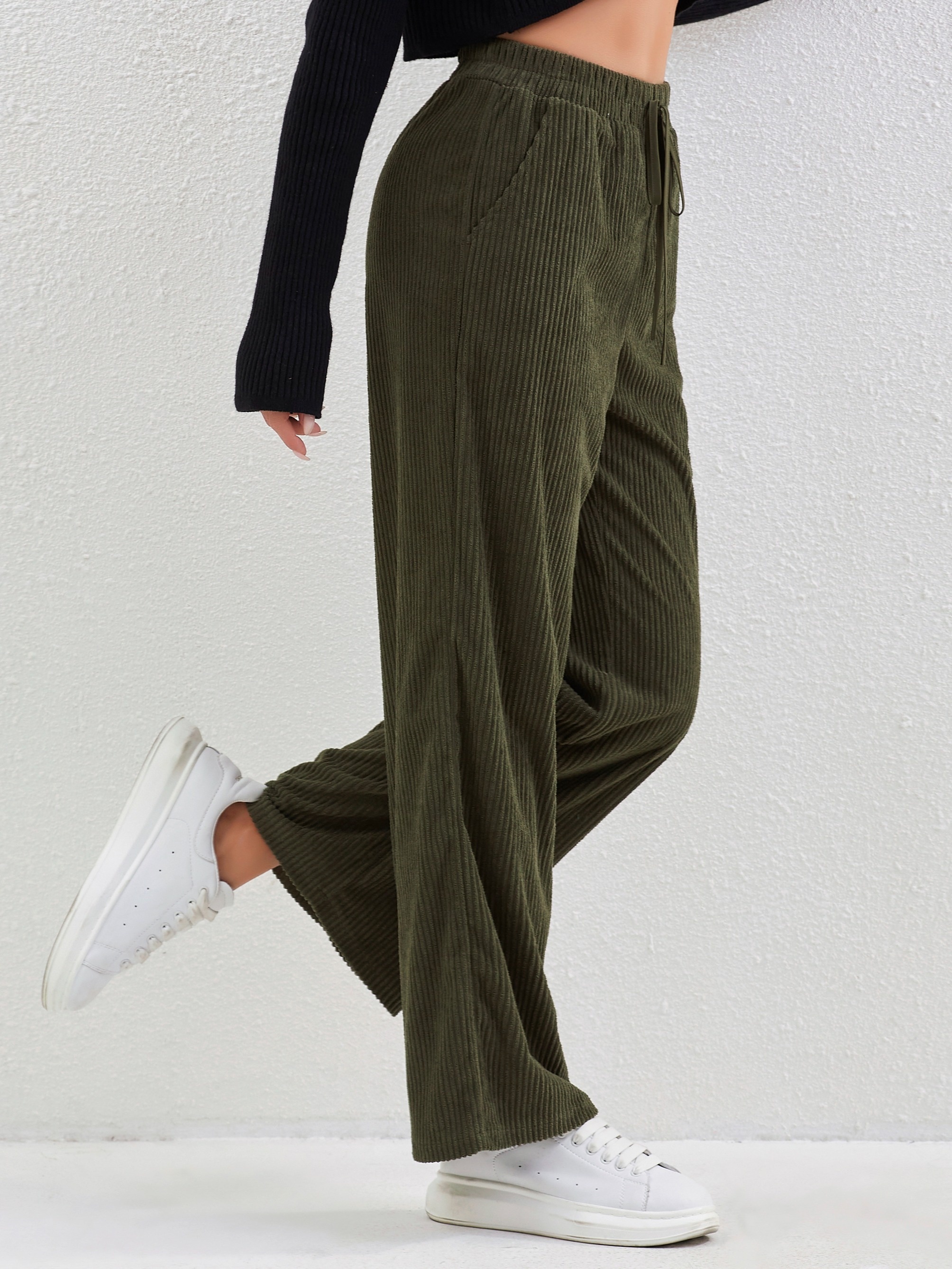 solid corduroy straight leg pants casual high waist loose pants with pocket womens clothing details 6