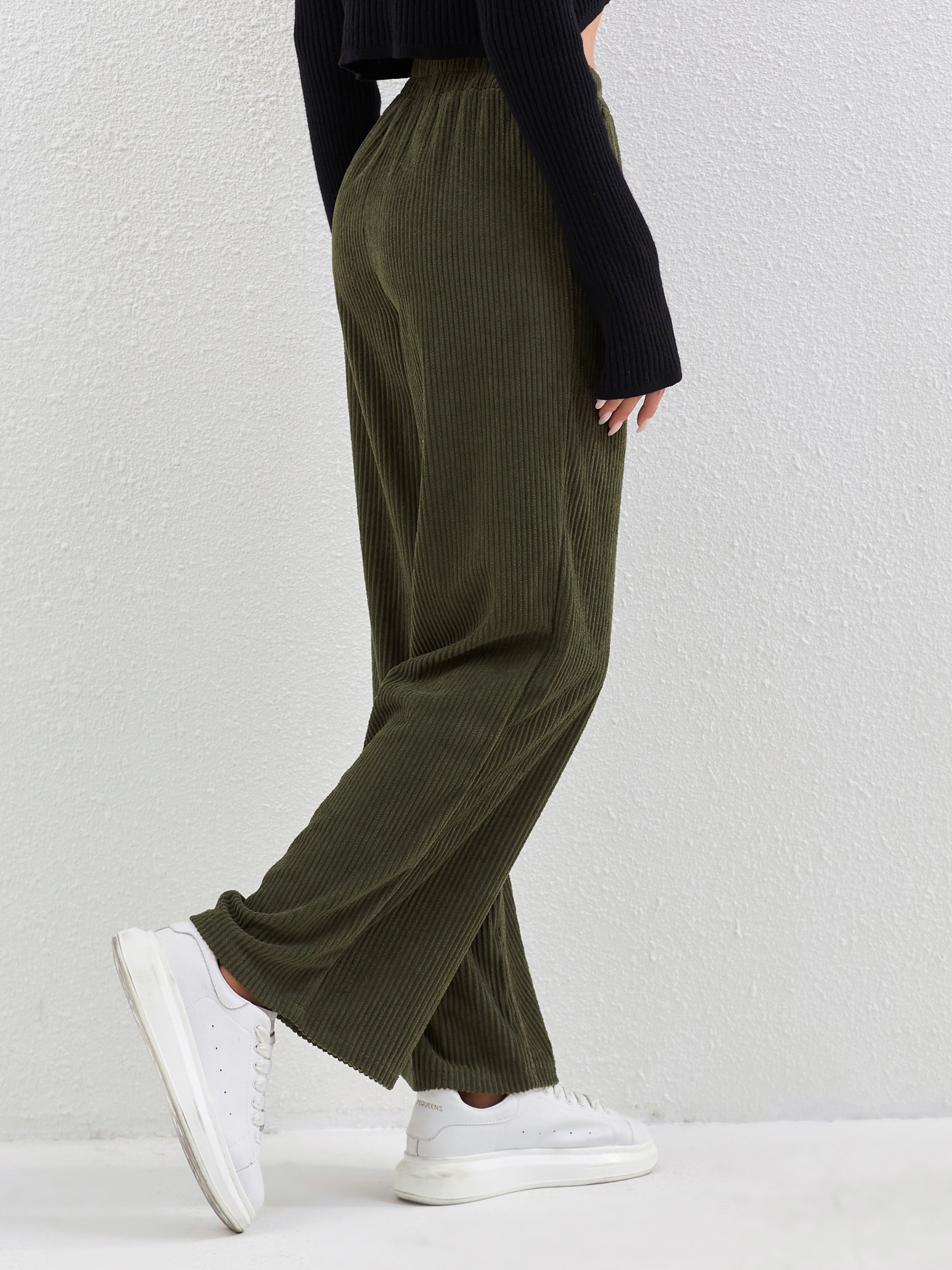 solid corduroy straight leg pants casual high waist loose pants with pocket womens clothing details 7