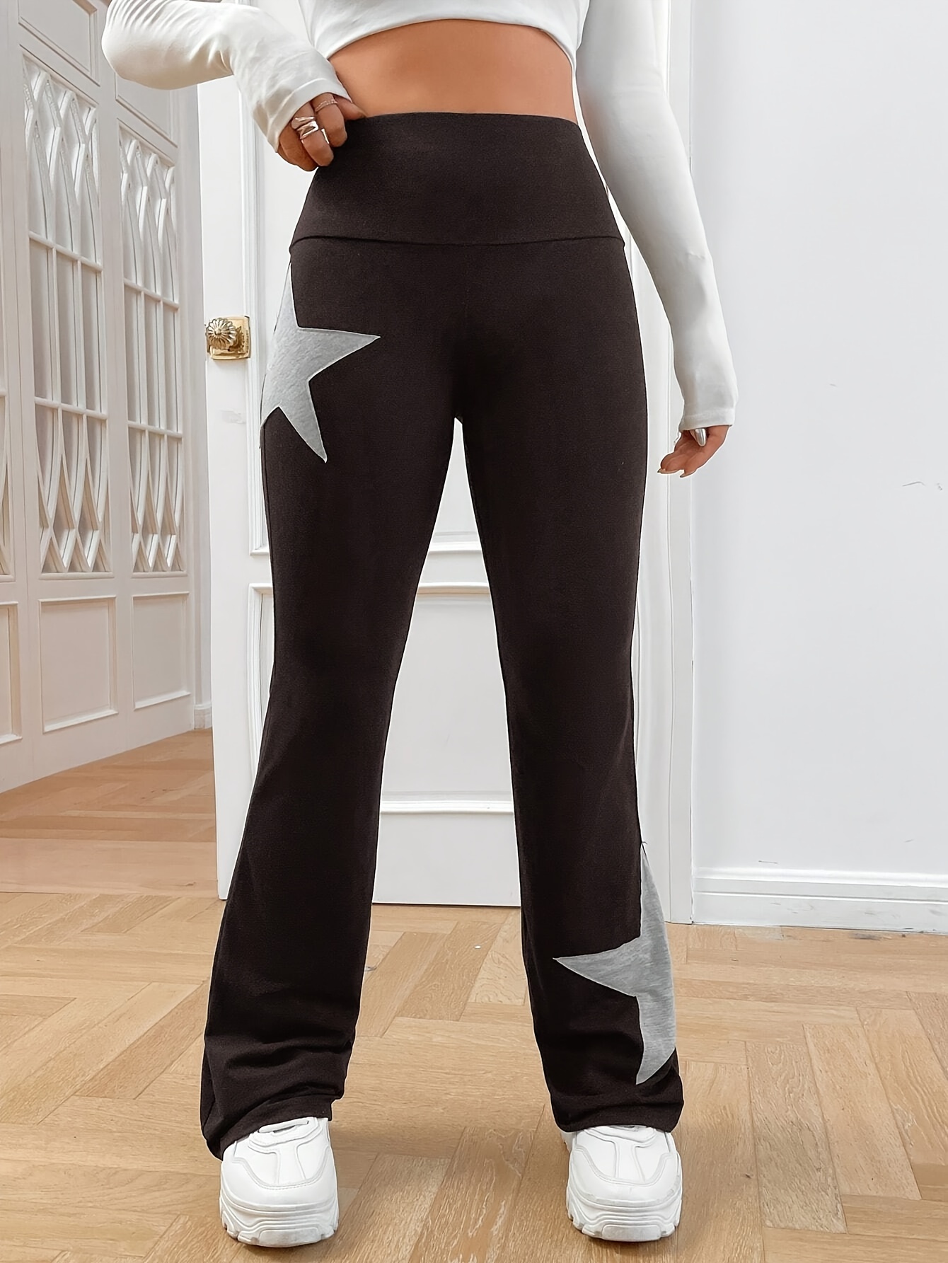 star pattern flare leg pants, star pattern flare leg pants casual high waist slim pants womens clothing details 0