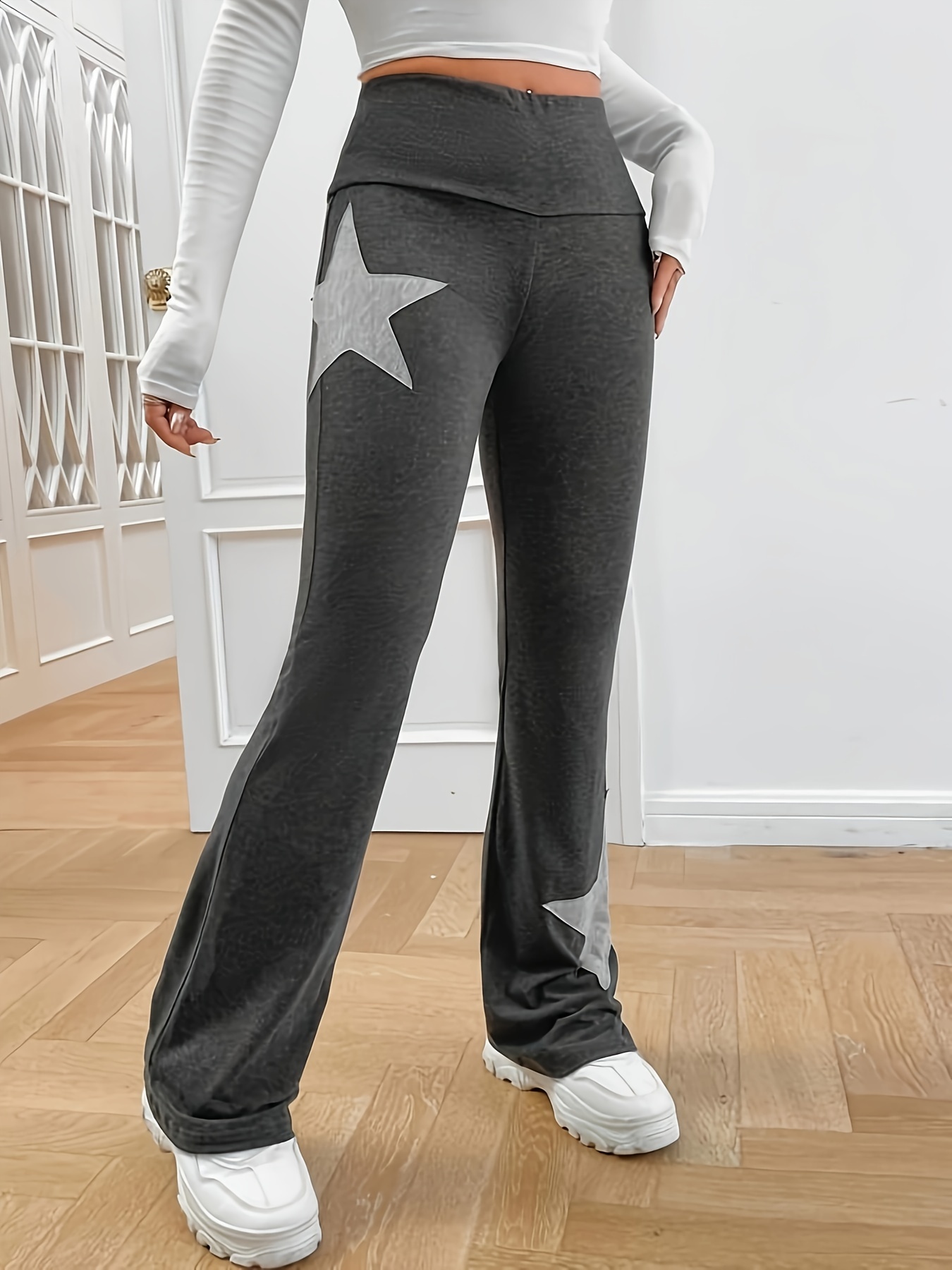 star pattern flare leg pants, star pattern flare leg pants casual high waist slim pants womens clothing details 5