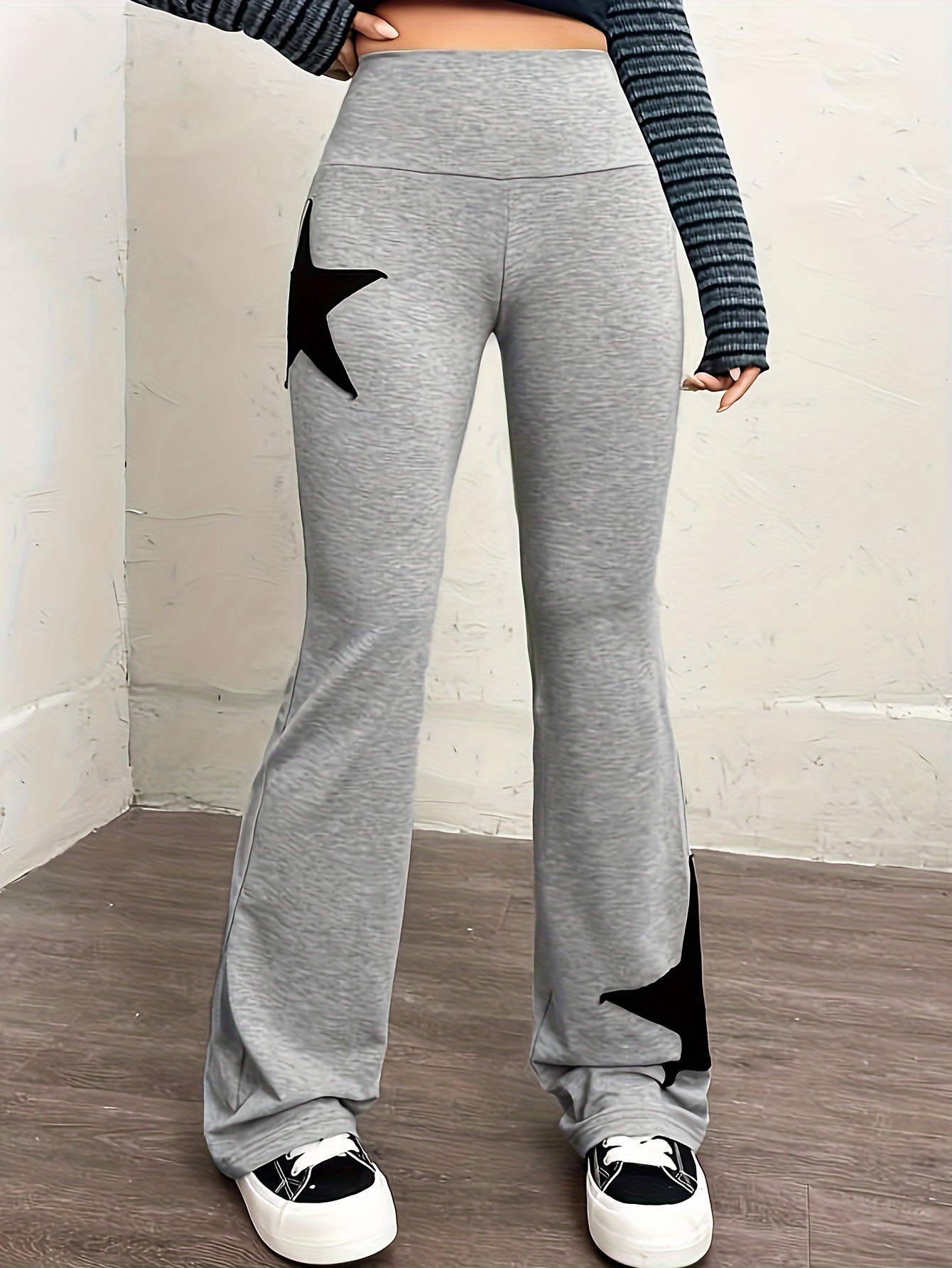 star pattern flare leg pants, star pattern flare leg pants casual high waist slim pants womens clothing details 10