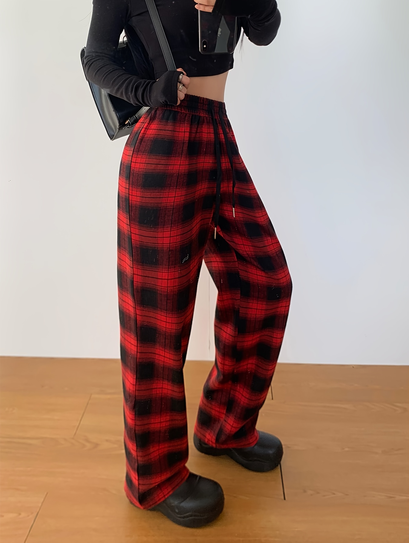 plaid print straight leg pants casual drawstring waist comfy pants womens clothing details 4