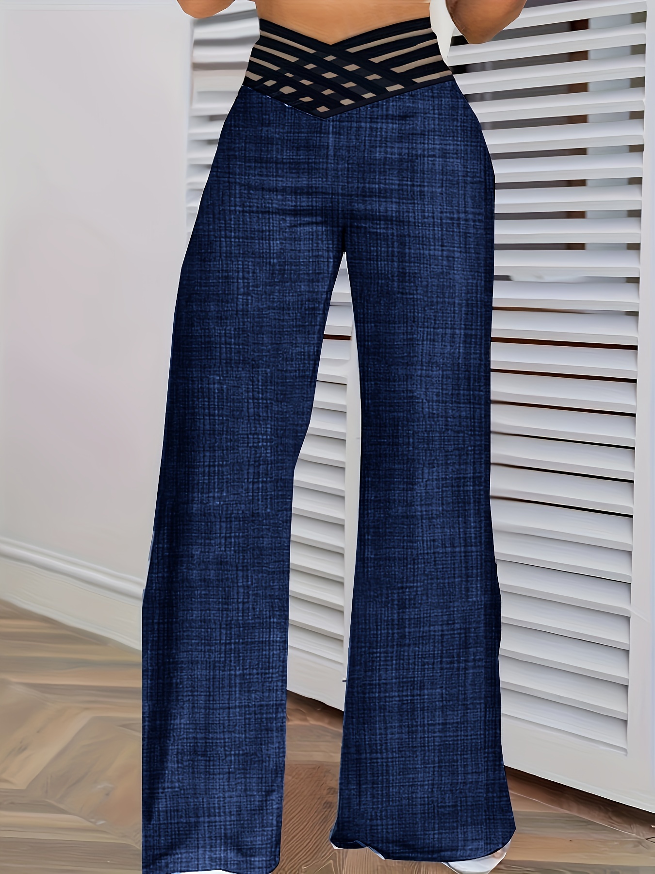 cross waist wide leg pants casual loose mesh stitching pants womens clothing details 15