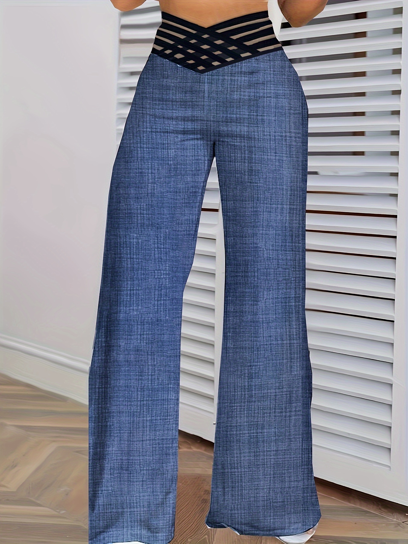cross waist wide leg pants casual loose mesh stitching pants womens clothing details 29