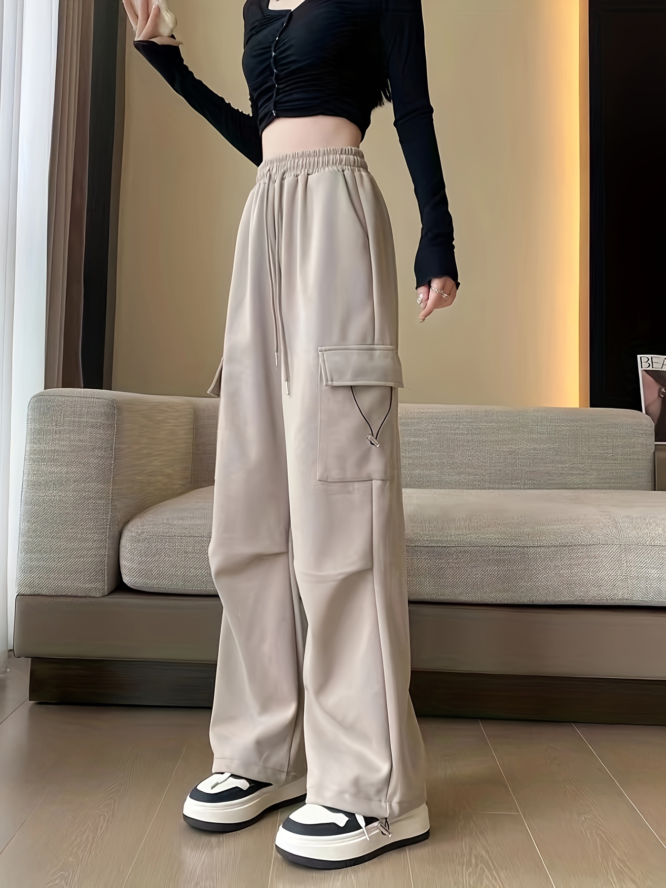 flap pockets straight leg cargo pants casual loose drawstring pants for every day womens clothing details 1