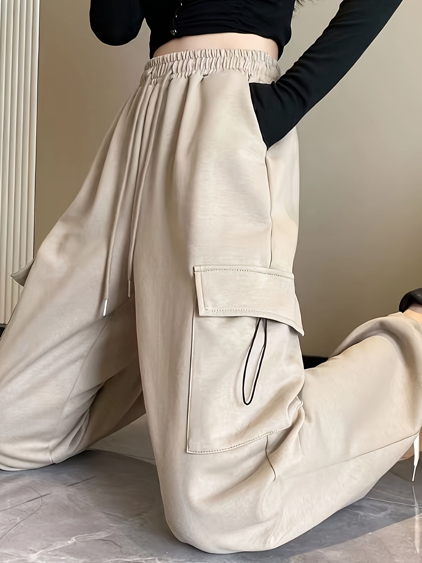flap pockets straight leg cargo pants casual loose drawstring pants for every day womens clothing details 2