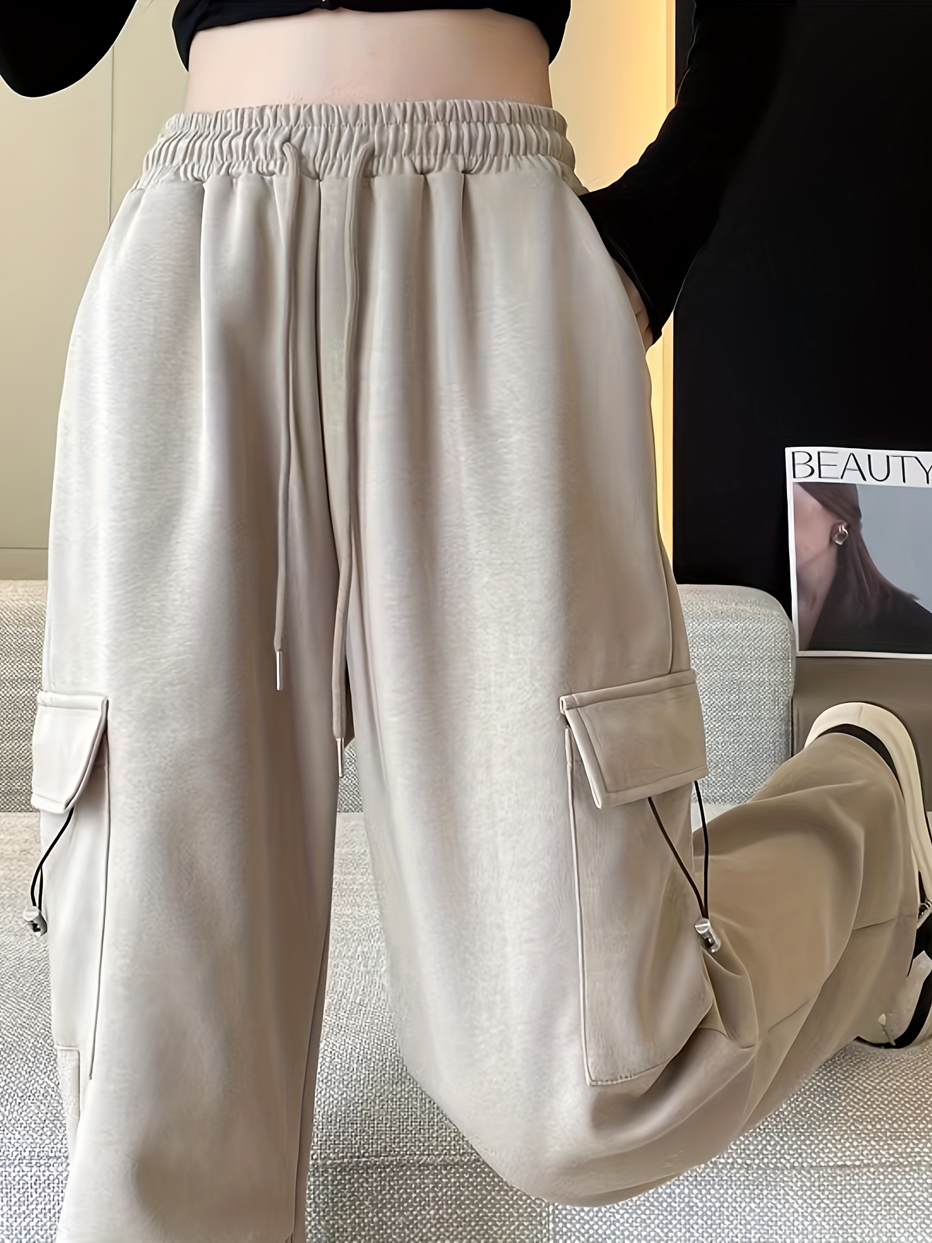 flap pockets straight leg cargo pants casual loose drawstring pants for every day womens clothing details 4