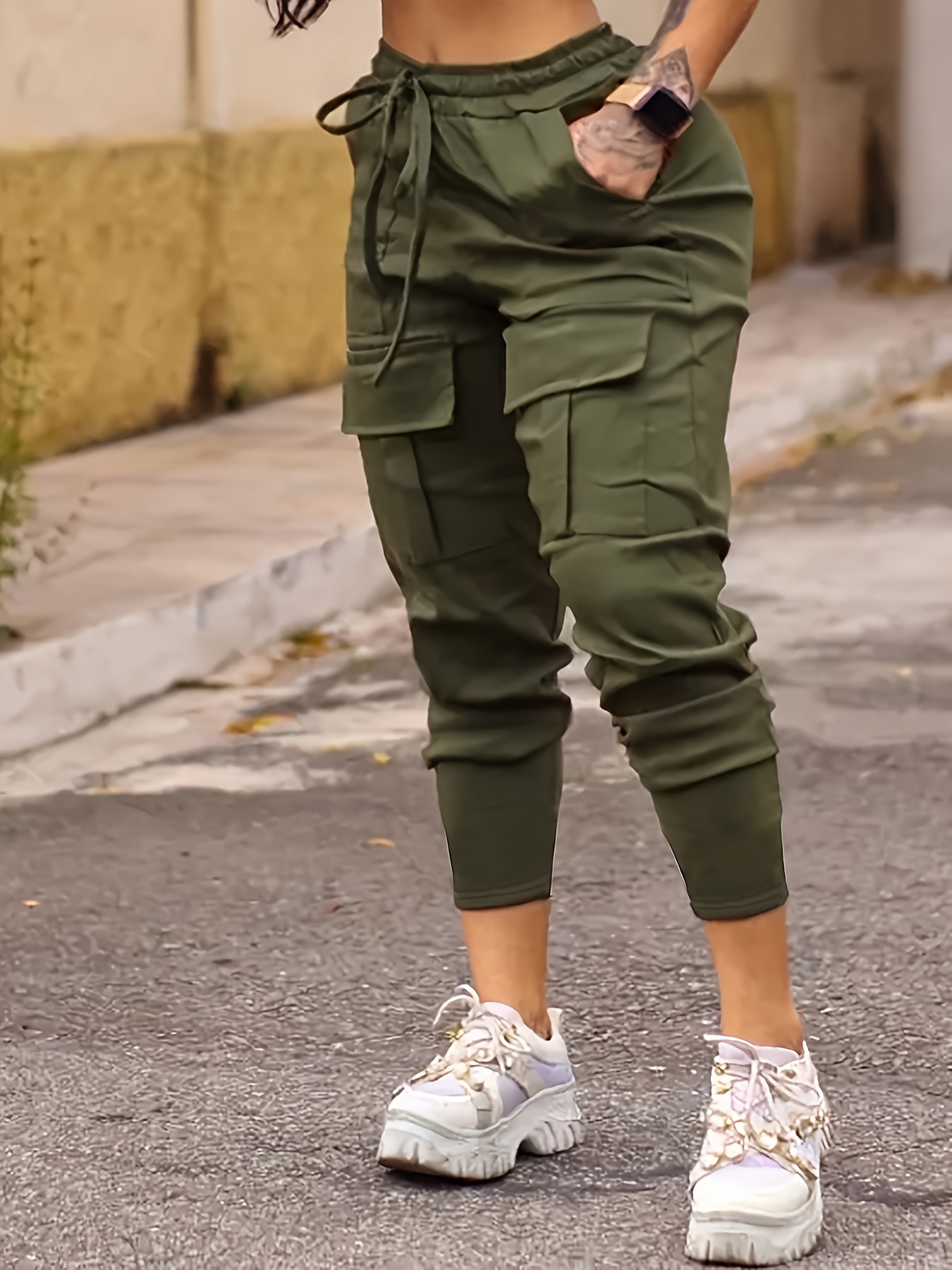 solid flap pocket jogger cargo pants, solid flap pocket jogger cargo pants casual drawstring pants for spring fall womens clothing details 0