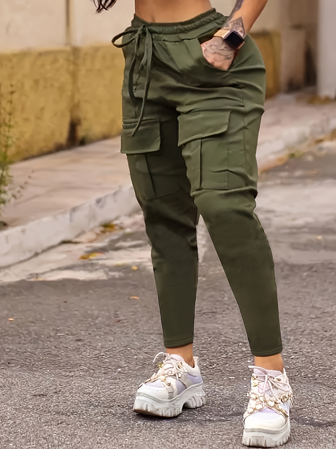 solid flap pocket jogger cargo pants, solid flap pocket jogger cargo pants casual drawstring pants for spring fall womens clothing details 2