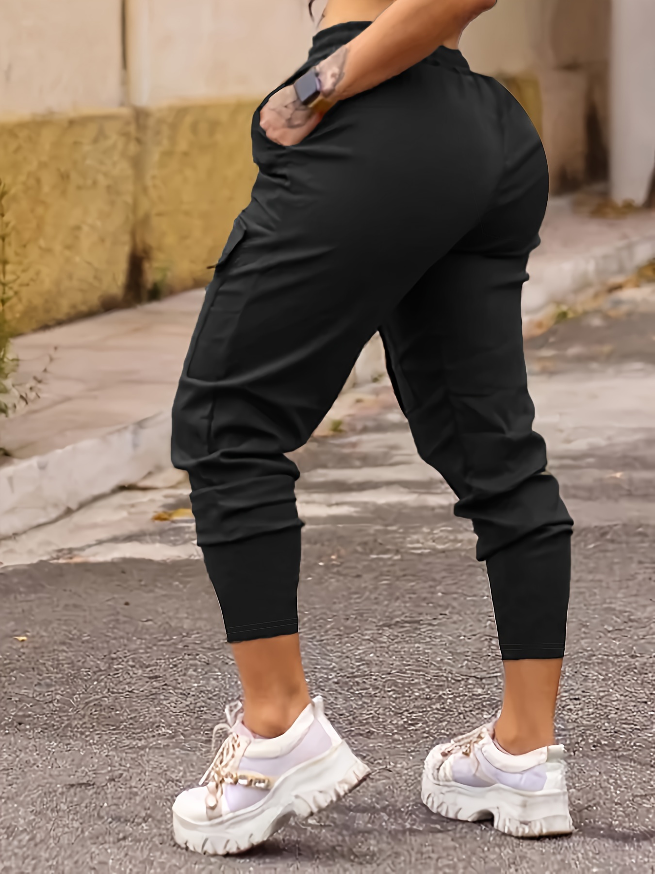 solid flap pocket jogger cargo pants, solid flap pocket jogger cargo pants casual drawstring pants for spring fall womens clothing details 5