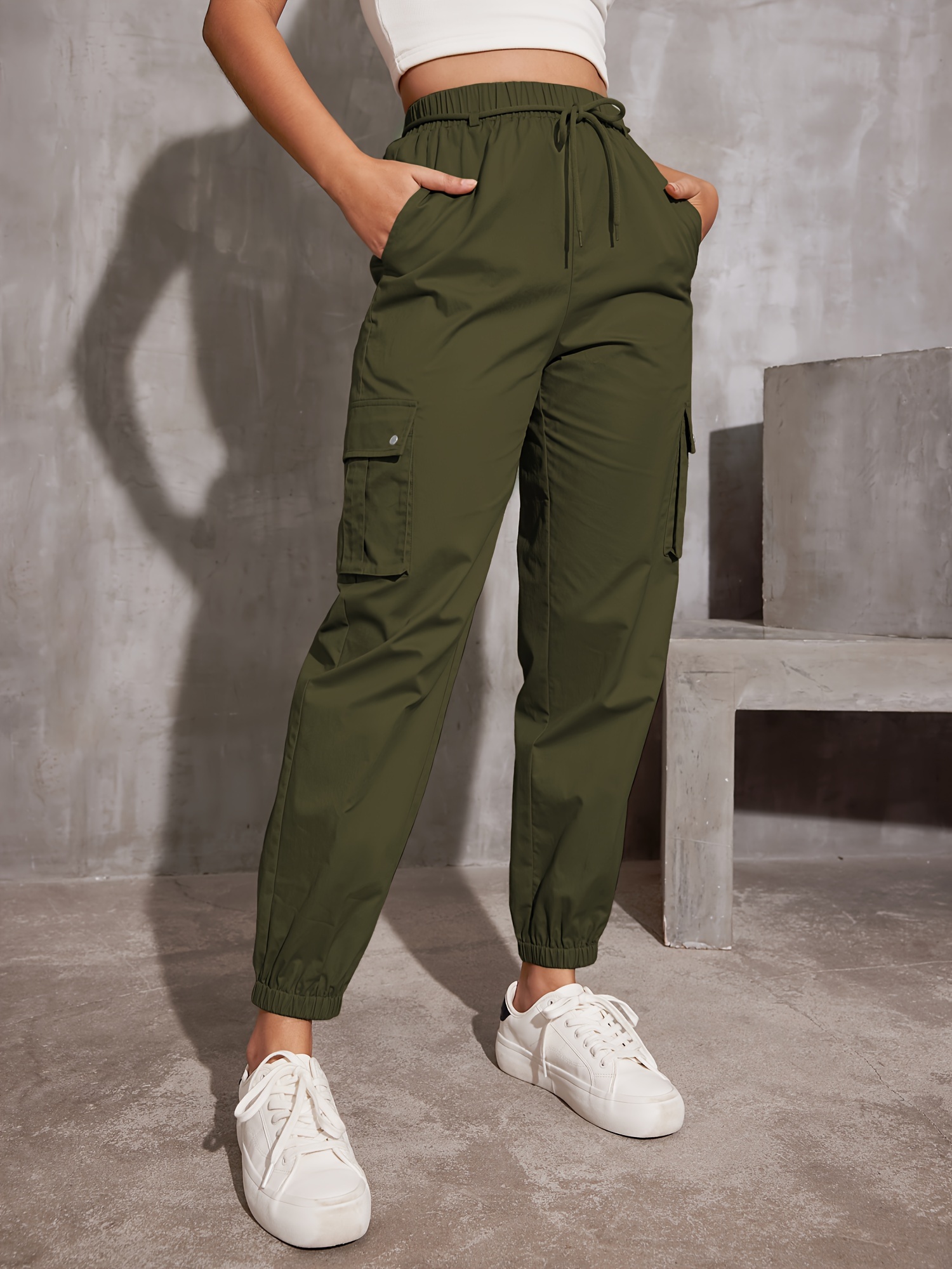 y2k solid pockets drawstring cargo pants casual loose baggy pants for all seasons womens clothing details 0