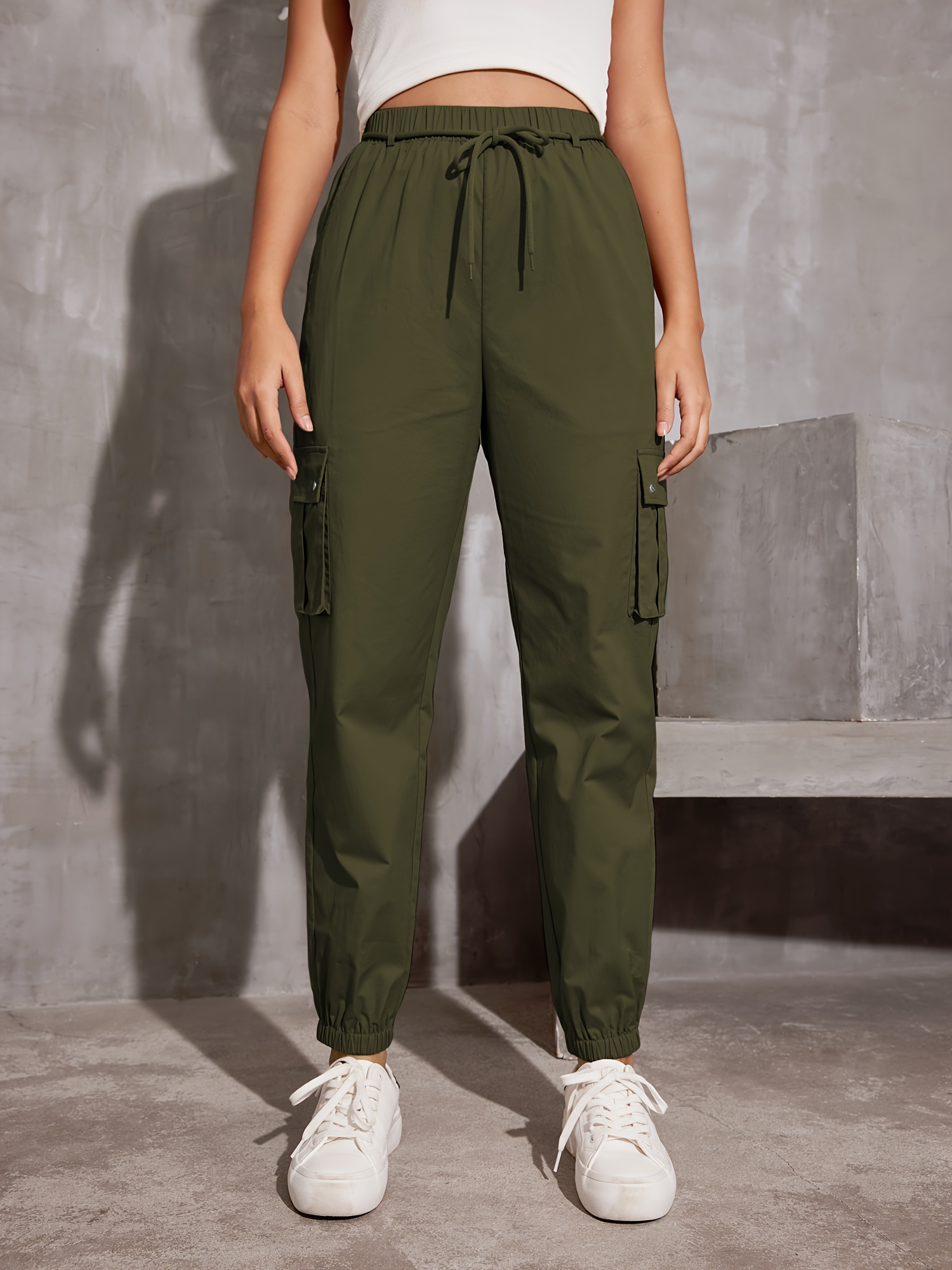 y2k solid pockets drawstring cargo pants casual loose baggy pants for all seasons womens clothing details 1