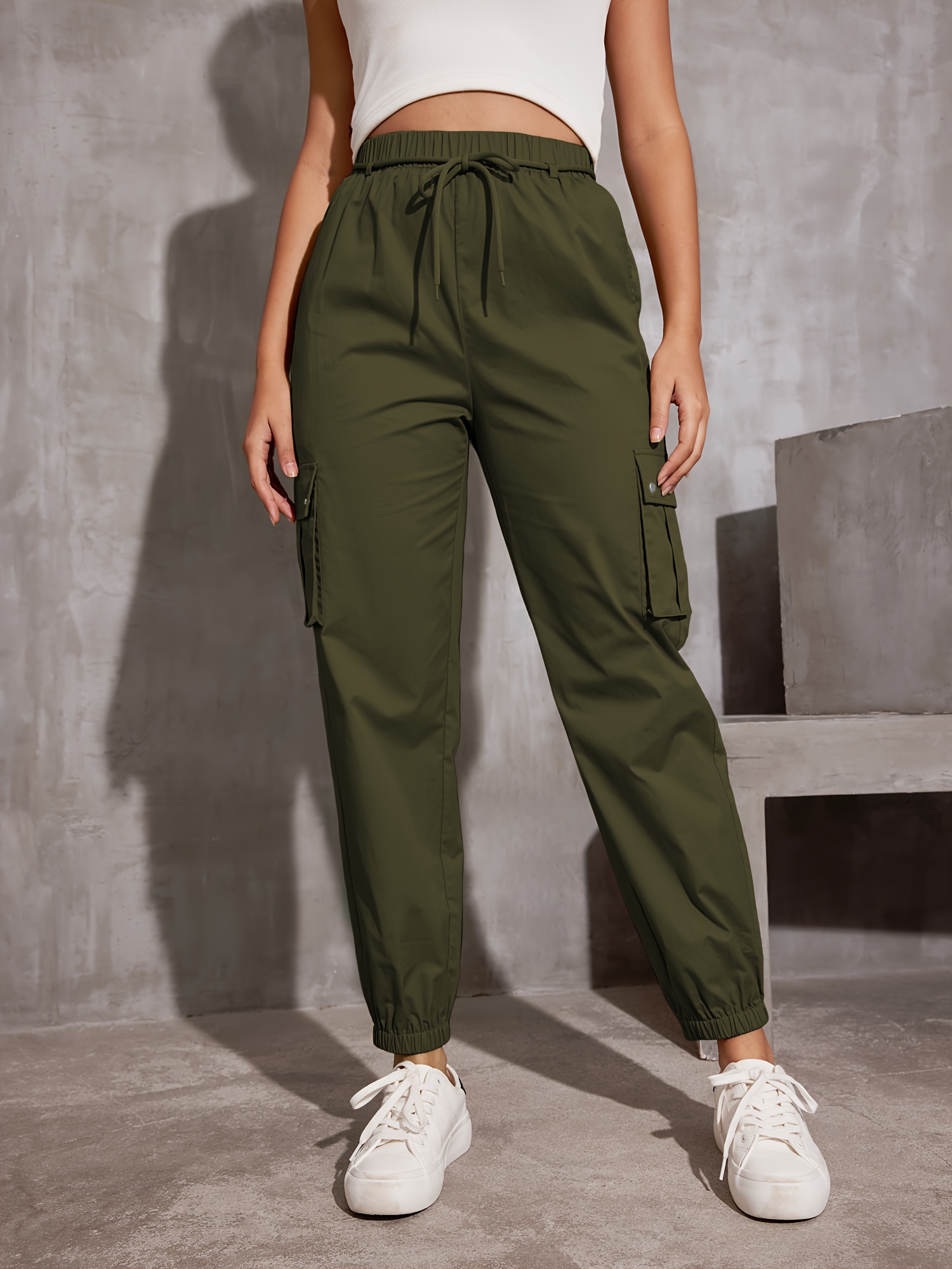 y2k solid pockets drawstring cargo pants casual loose baggy pants for all seasons womens clothing details 2