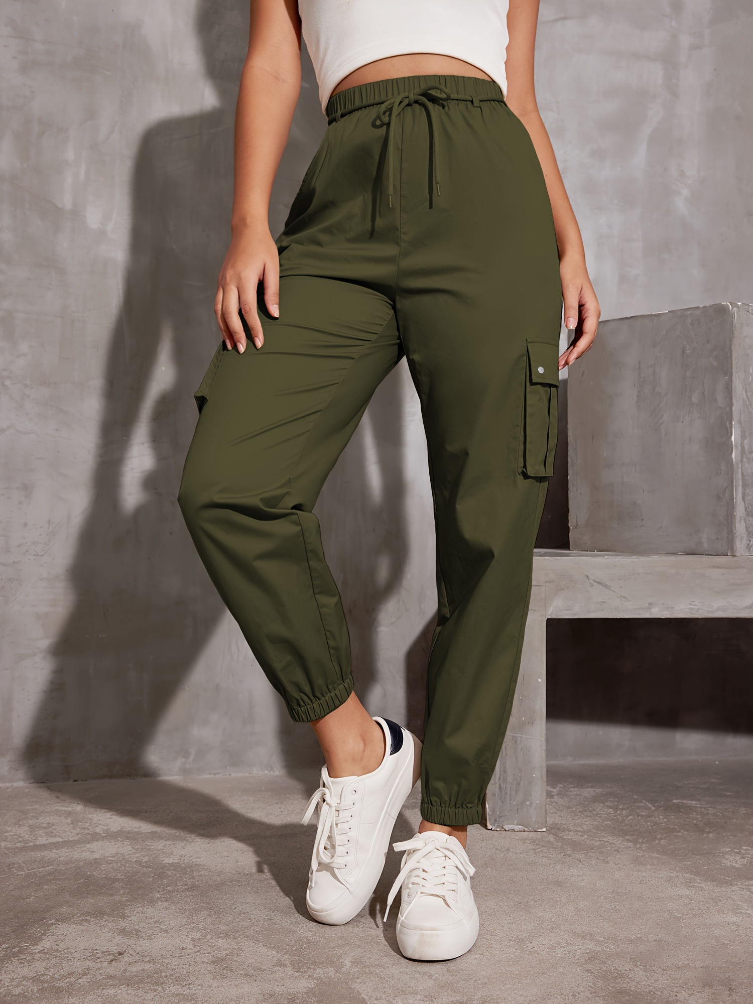 y2k solid pockets drawstring cargo pants casual loose baggy pants for all seasons womens clothing details 6