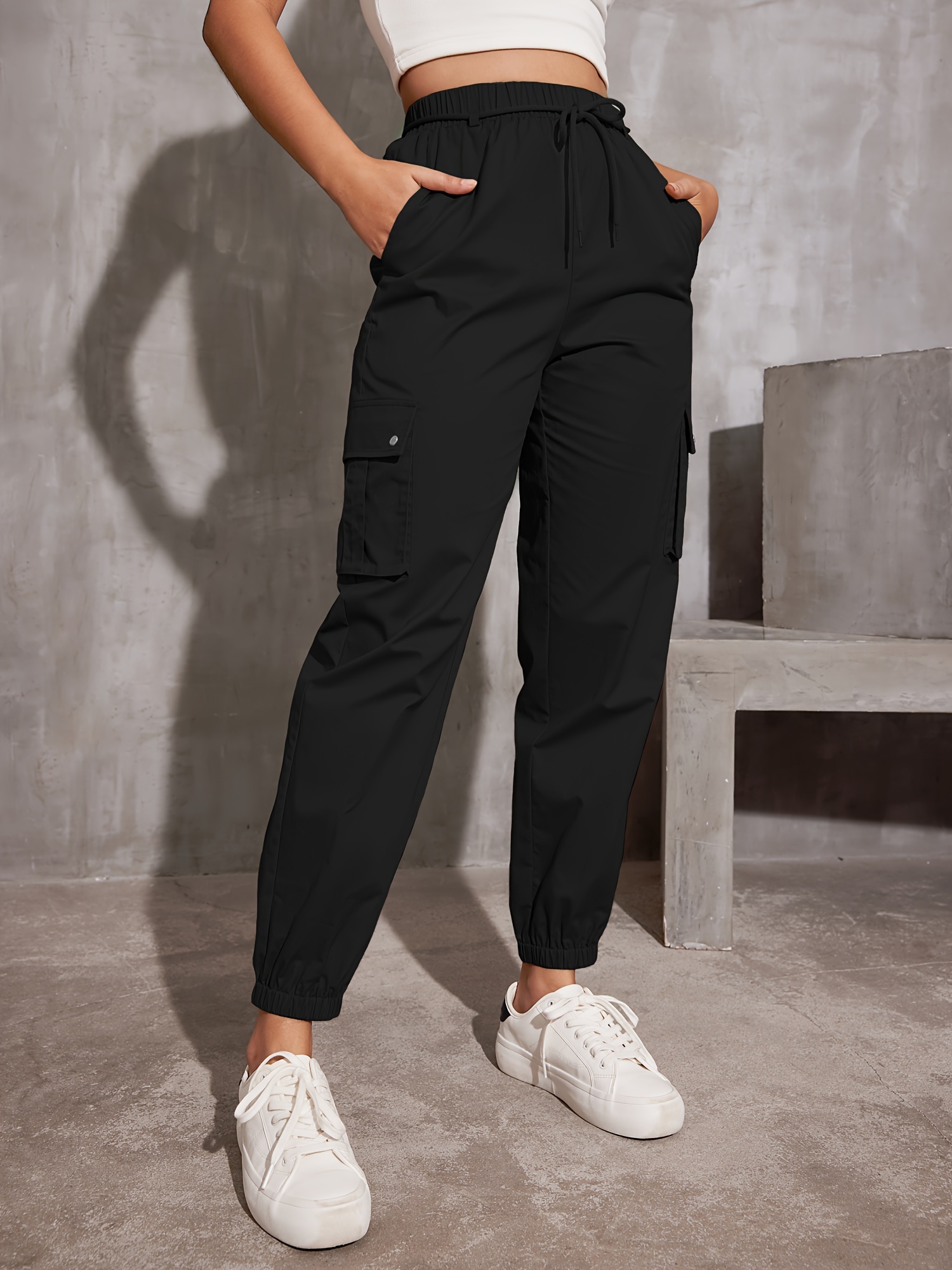 y2k solid pockets drawstring cargo pants casual loose baggy pants for all seasons womens clothing details 7